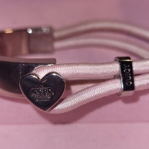 Vintage Juicy Couture Heart Silver and Pink Silk Cord Bangle Bracelet Y2K